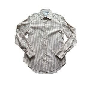 Eleventy Button Front Shirt Mens Medium Tan White Stripe Made In Italy Cotton